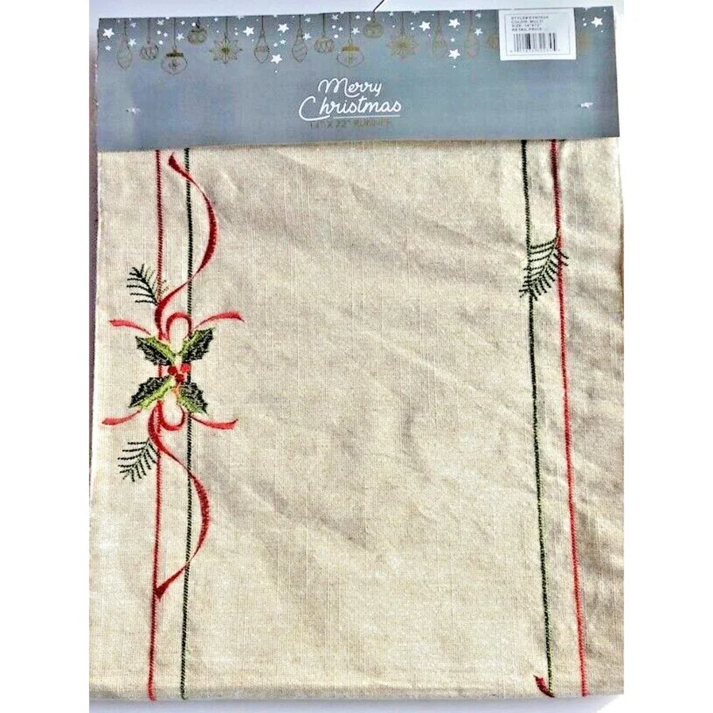 Christmas Embroidered Table Runner Ornament Holly Gold Red Green 72x14 Holiday